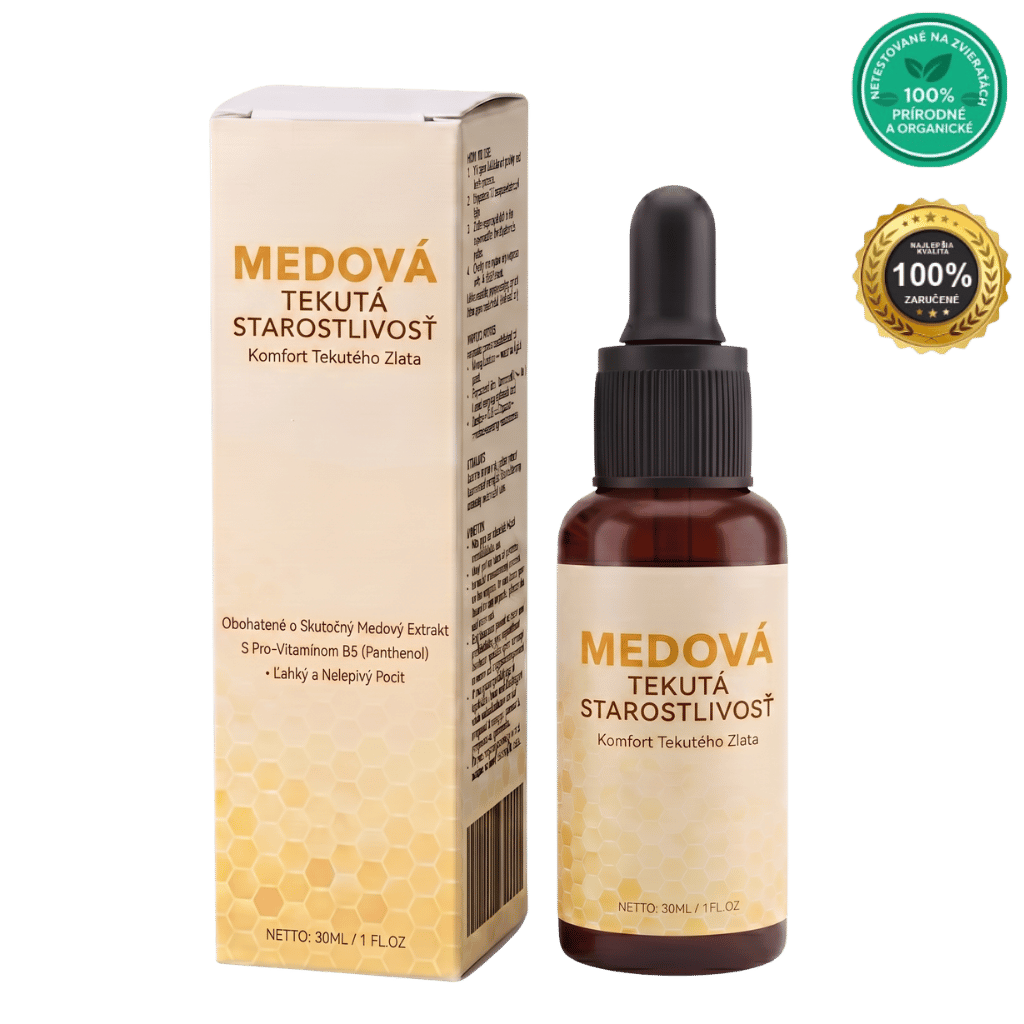 Medová ošetrujúca tekutina v 30ml fľaši, hydratácia a starostlivosť o pleť, prírodný kozmetický produkt.