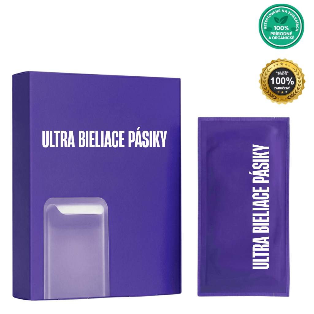 Obal produktu Ultra bieliace pásiky v purpurovej farbe, obsahujúci bieliace pásiky na ústnu starostlivosť.