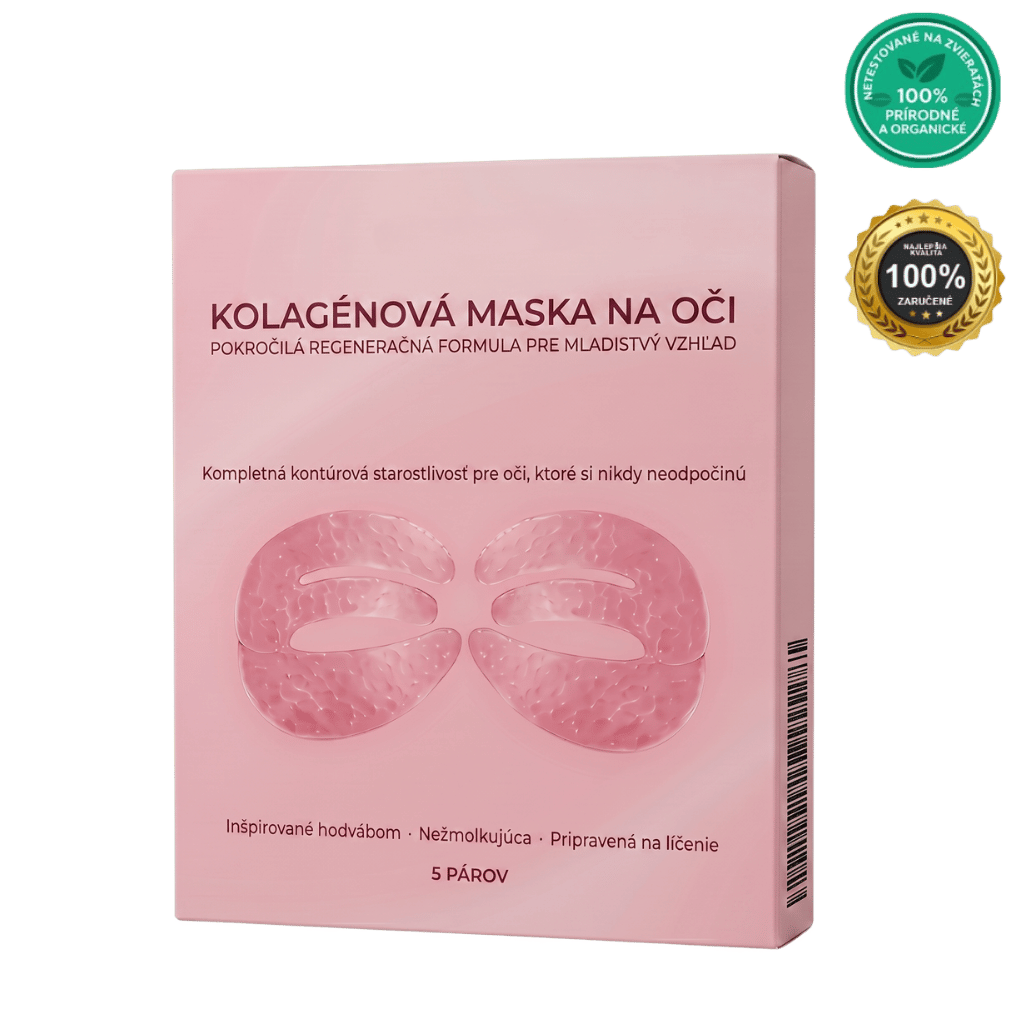 Hĺbková kolagénová maska na oči v ružovom obale s informáciami a dvoch gélových očných maskách.