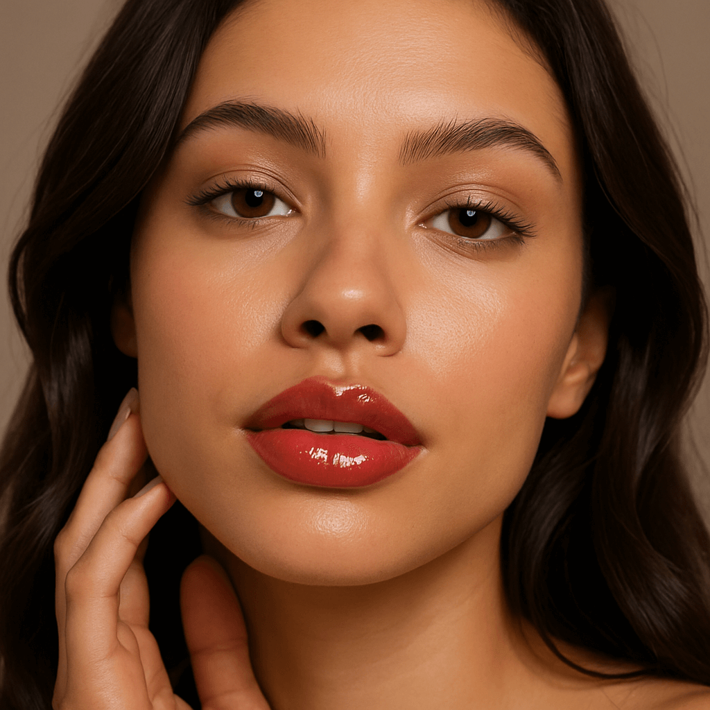 Zväčšujúci olej na pery na hebkej pleti, ukazuje plné a lesklé pery po použití výrobku FerméLuxe.