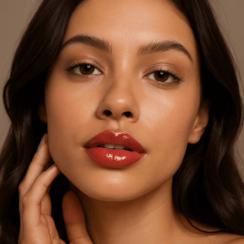 Zväčšujúci olej na pery na hebkej pleti, ukazuje plné a lesklé pery po použití výrobku FerméLuxe.