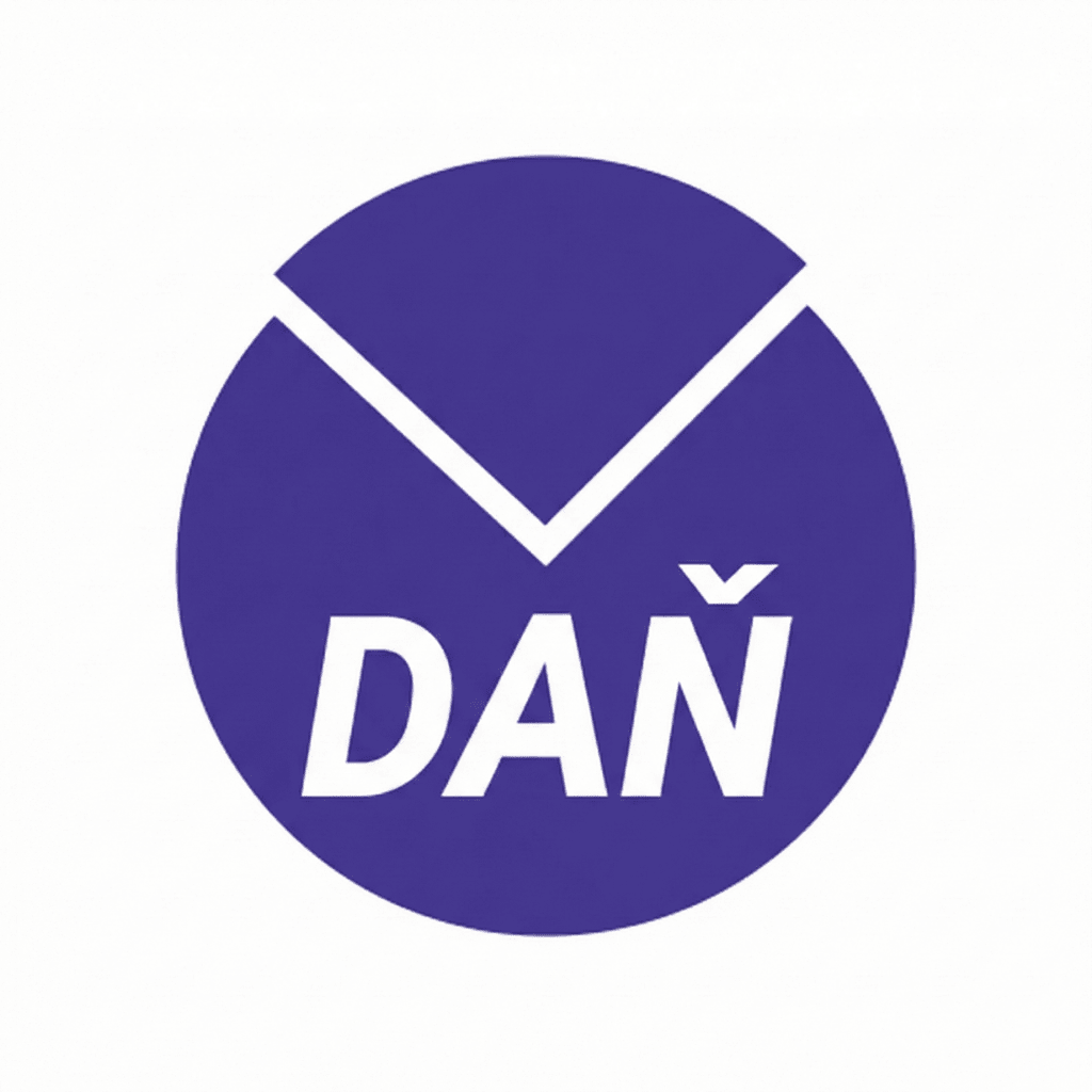 Logo DAŇ v purpurovom kruhu so šedými geometrickými prvkami.