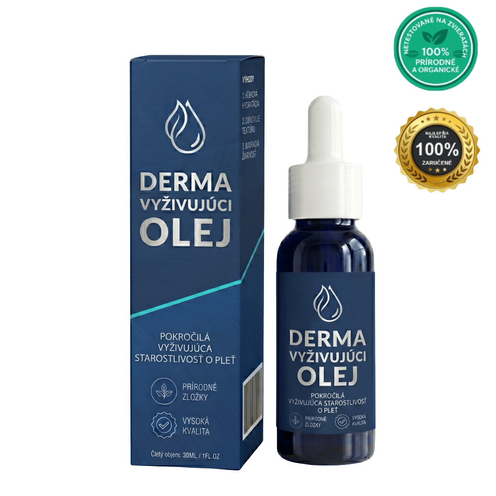 Derma Vyživujúci Olej v sklenenej fľaši s pipetou, organický kozmetický olej na výživu pokožky.