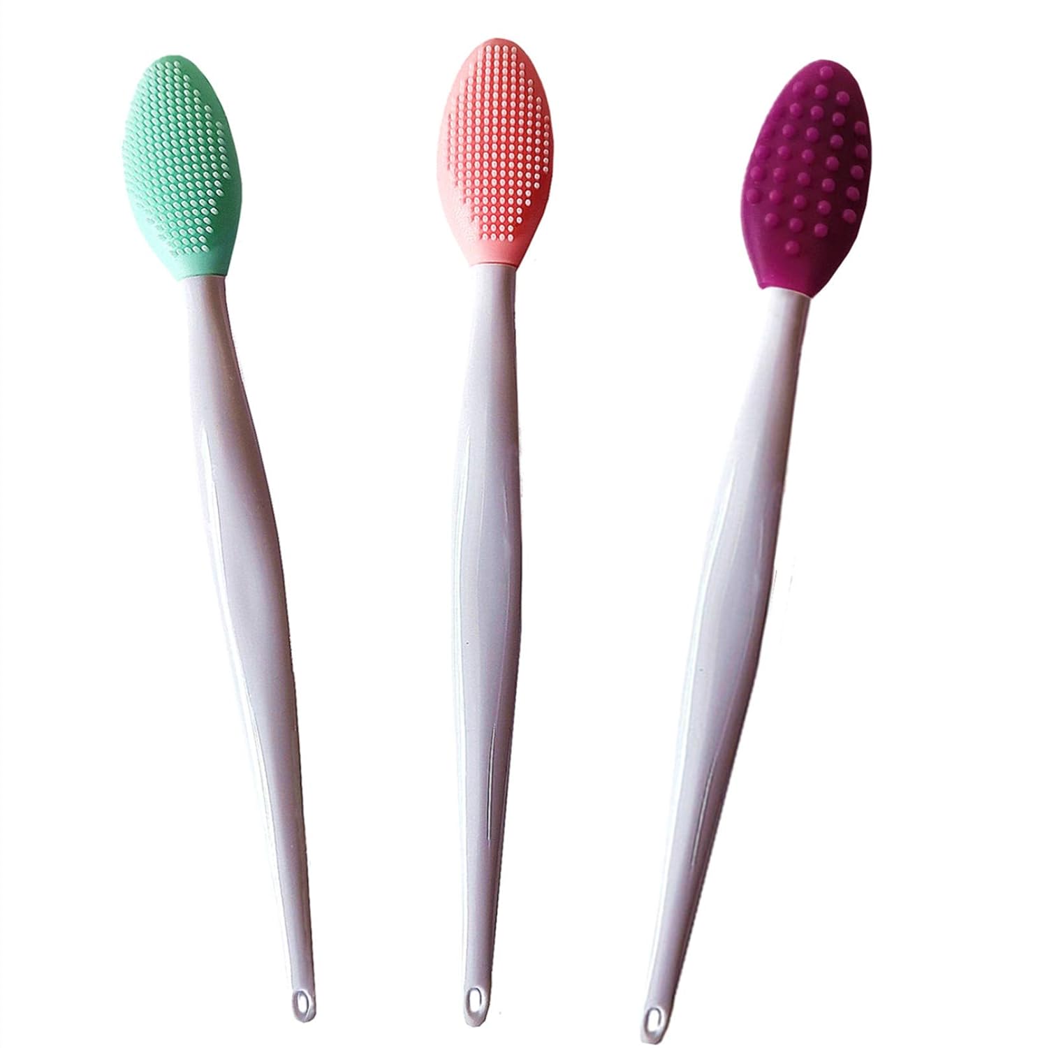 Obojstranná silikónová kefka na exfoliáciu pier (3 ks) v rôznych farbách, navrhnuté pre jemnú exfoliáciu pier.