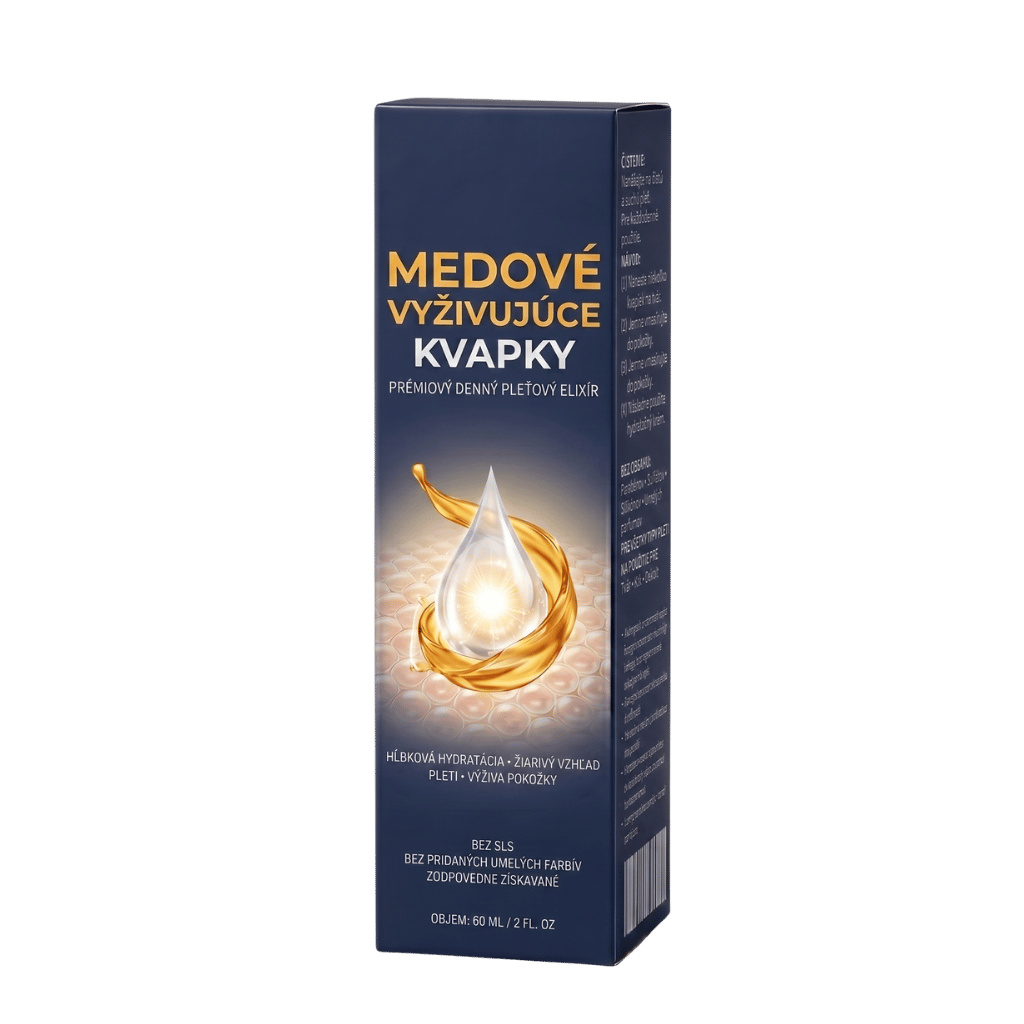 Medové vyživujúce kvapky v elegantnej fľaši, ideálne na zlepšenie vzhľadu pleti a jej hydratáciu.