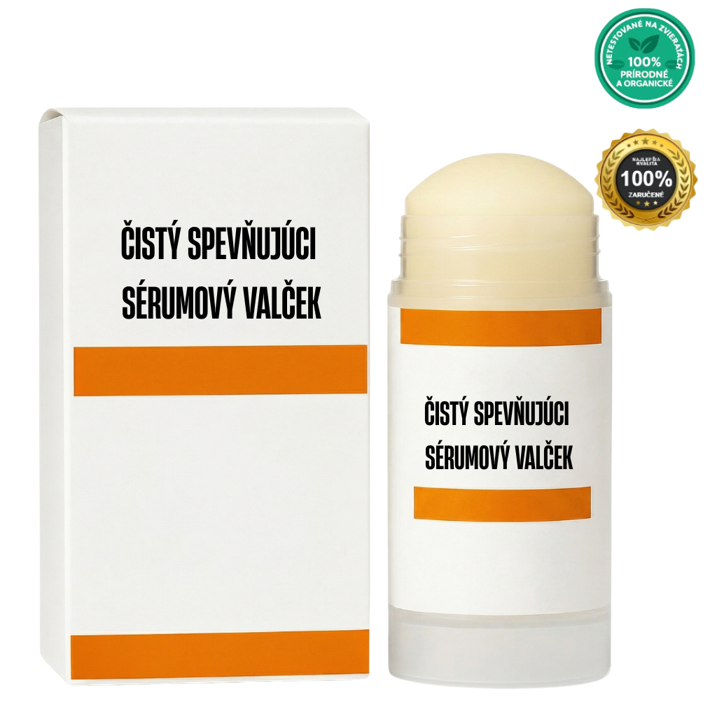 Čistý spevňujúci sérumový valček v obale s certifikátom prírodnej kozmetiky.