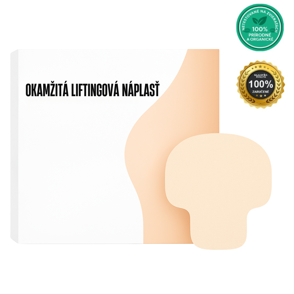Okamžitá Liftingová Náplasť v balení s certifikátom o prírodných a organických zložkách.