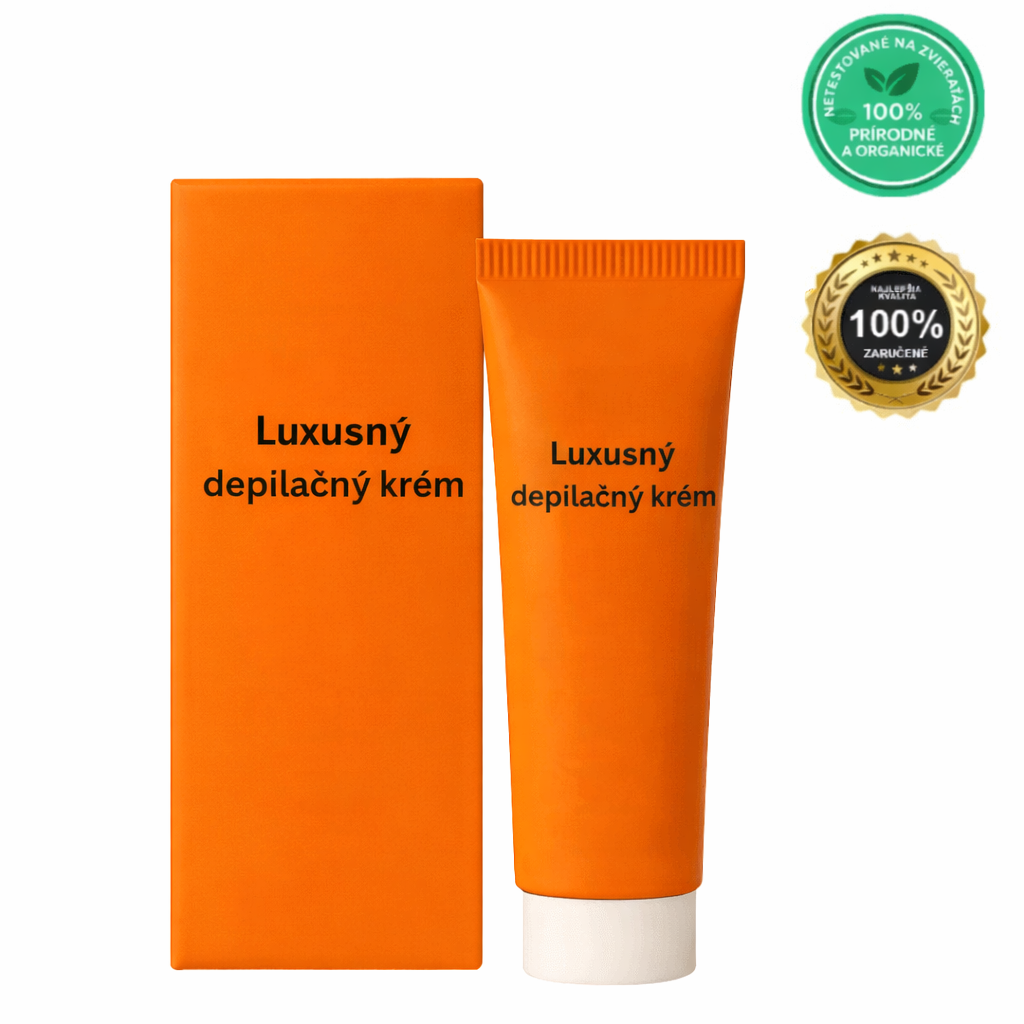 Luxusný depilačný krém v oranžovej tubičke a krabici s certifikátom prírodného produktu.