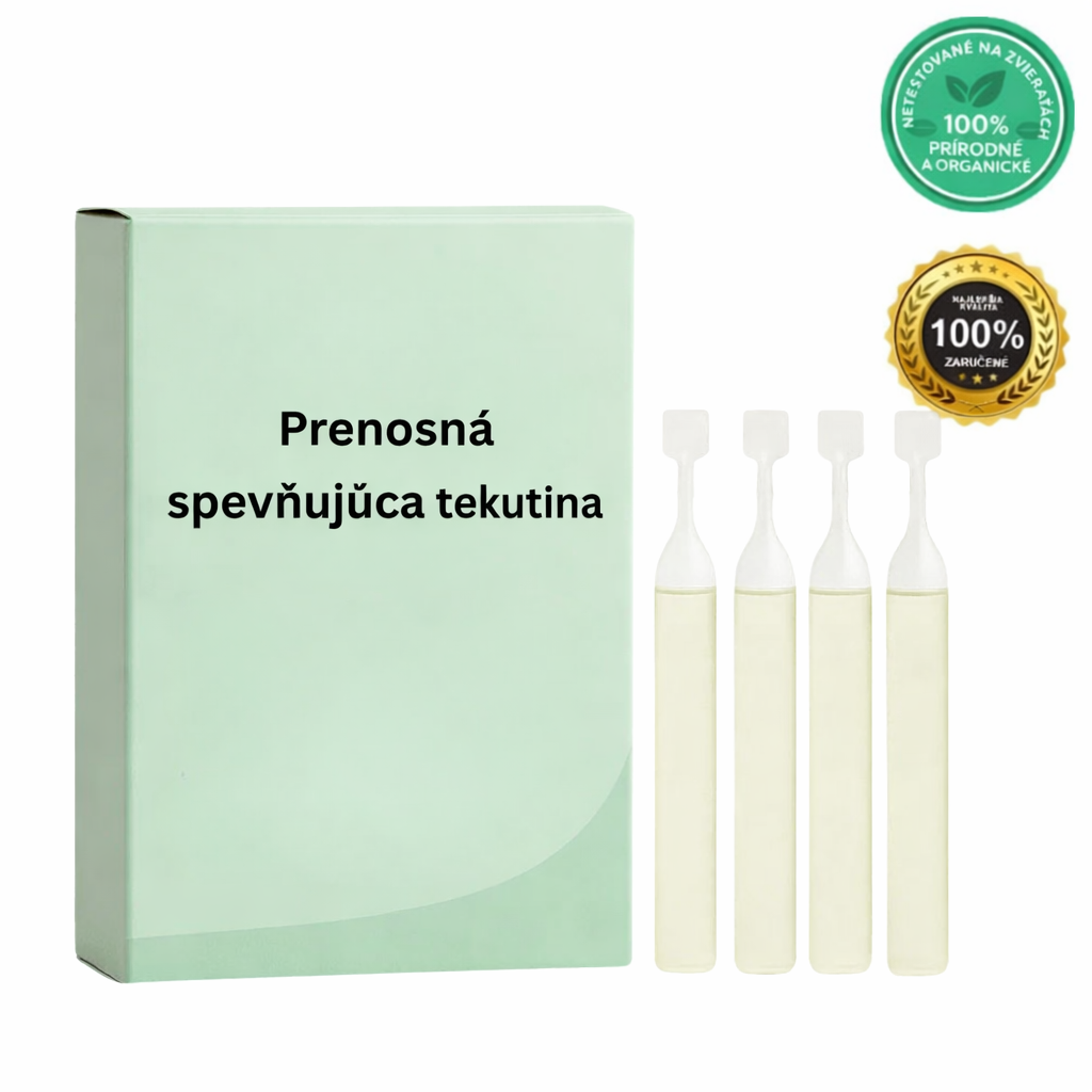 Prenosná spevňujúca tekutina v elegantnom balení s ampulkami pre každodennú starostlivosť o pleť.