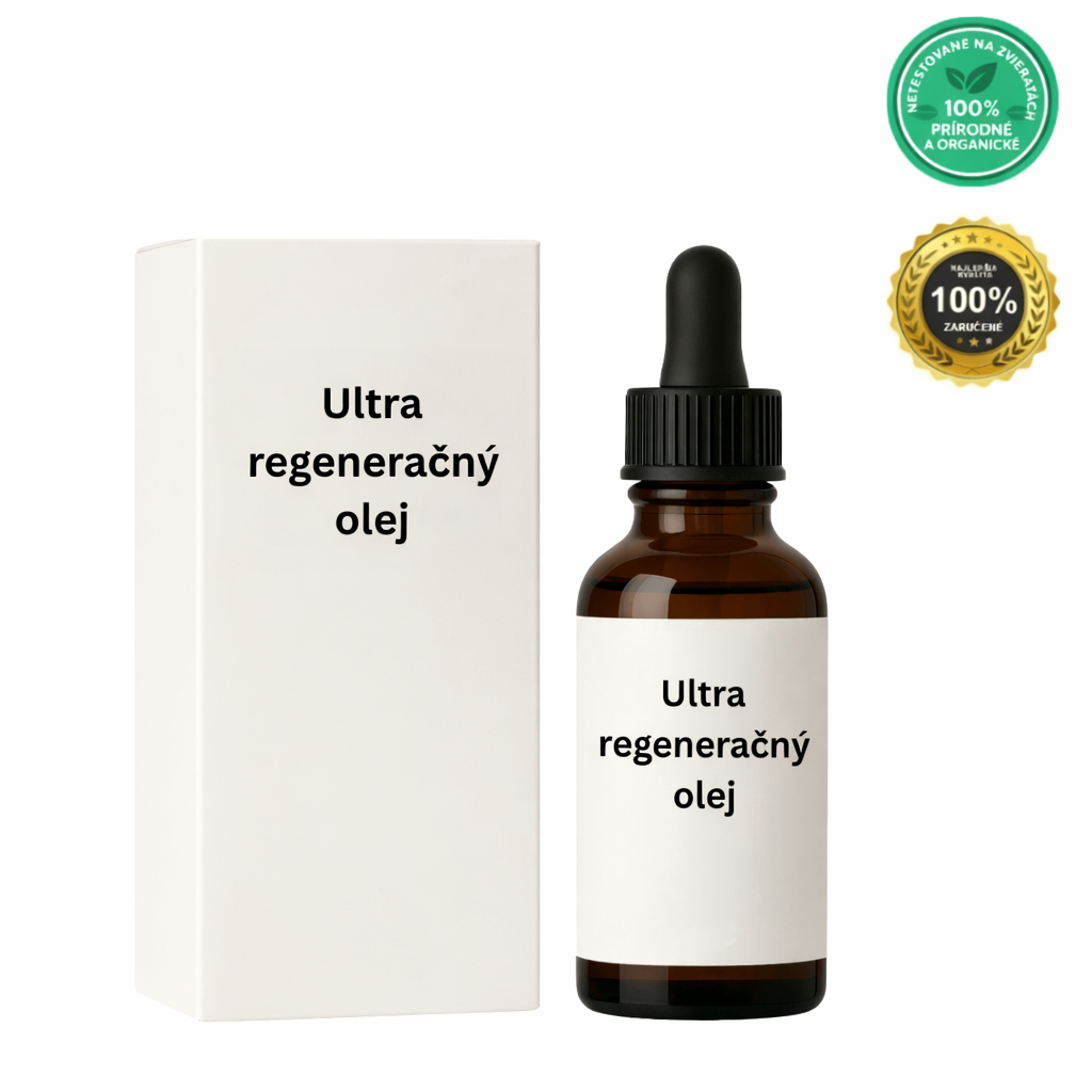 Ultra regeneračný olej - ošetrujúci olej v hnedej fľaši s bielym obalom, určený na starostlivosť o pleť.
