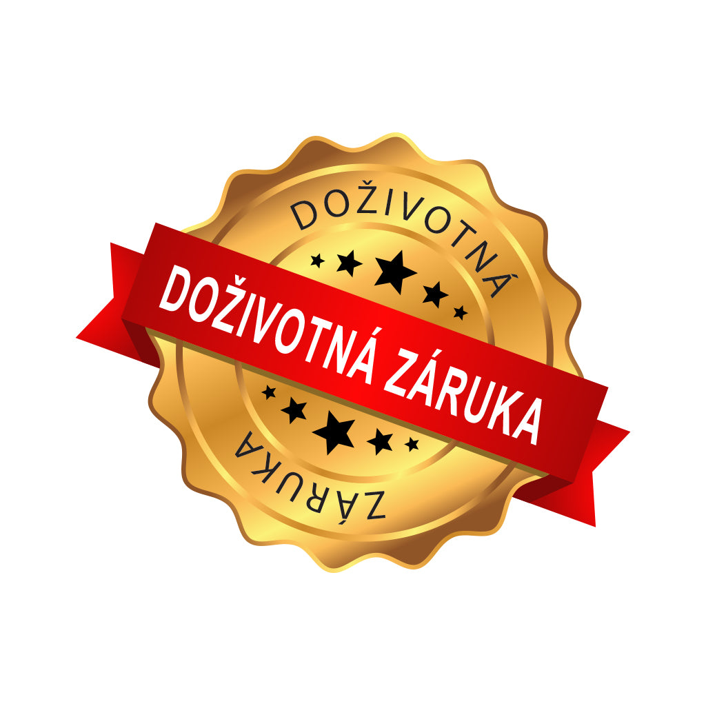 Doživotná záruka, zlatá pečať s červenou stuhou a hviezdami, symbolizujúca trvalou záruku na produkt.