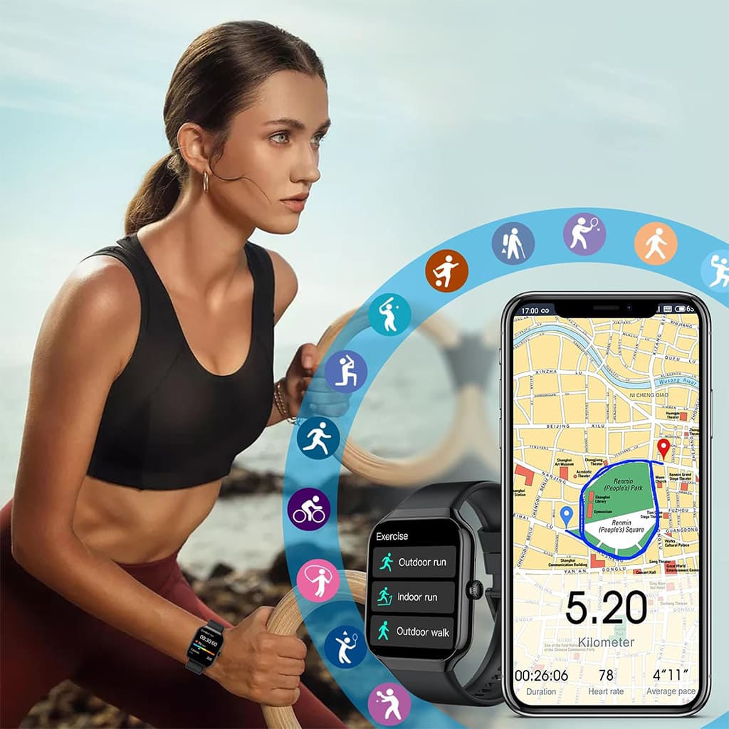Ahoj Krása Pulse smart watch displaying activity tracking and health metrics during an outdoor workout.